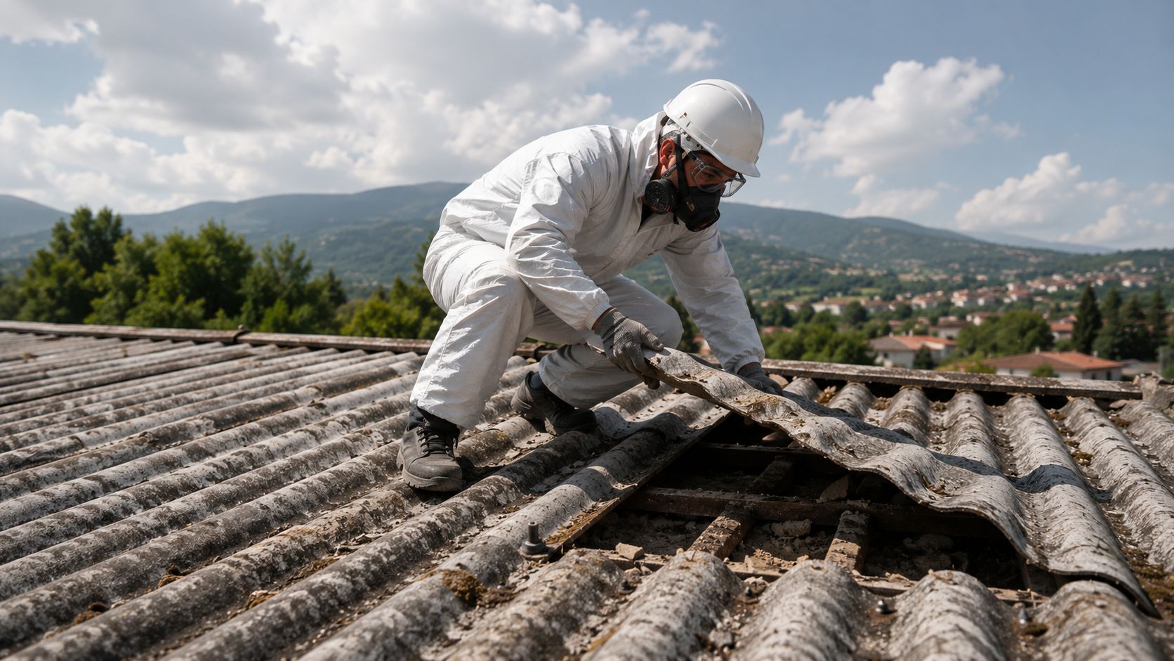 Operari amb equip de protecció retirant plaques de fibrociment d’una teulada